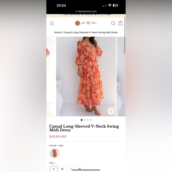 Long-Sleeved V-Neck Swing Midi Dress - Picture 1 of 4